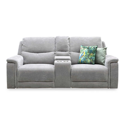 'Berlin' Light Grey Linen Fabric 2 Seater Power Recliner Sofa with Storage Console