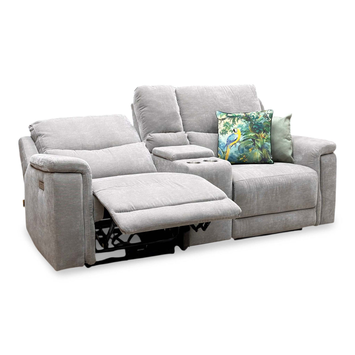 'Berlin' Light Grey Linen Fabric 2 Seater Power Recliner Sofa with Storage Console