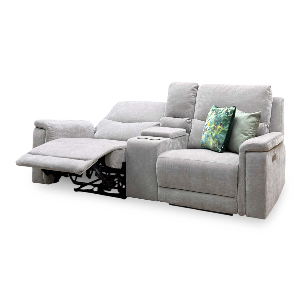 'Berlin' Light Grey Linen Fabric 2 Seater Power Recliner Sofa with Storage Console