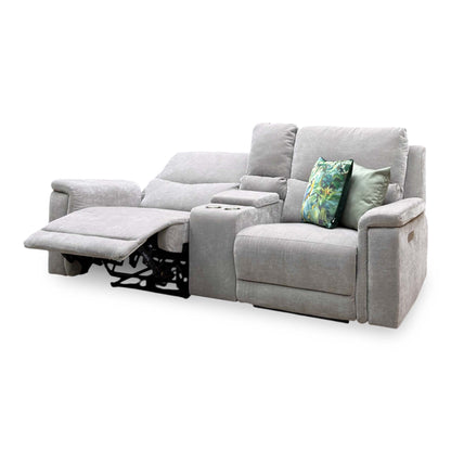 'Berlin' Light Grey Linen Fabric 2 Seater Power Recliner Sofa with Storage Console