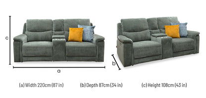 'Berlin' Forest Green Linen Fabric 2 Seater Power Recliner Sofa with Storage Console