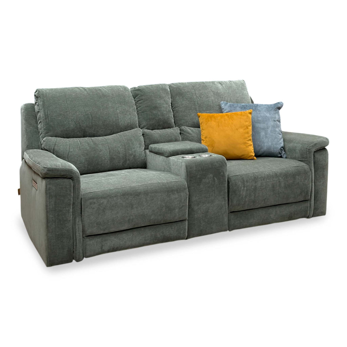 'Berlin' Forest Green Linen Fabric 2 Seater Power Recliner Sofa with Storage Console