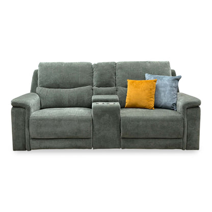 'Berlin' Forest Green Linen Fabric 2 Seater Power Recliner Sofa with Storage Console
