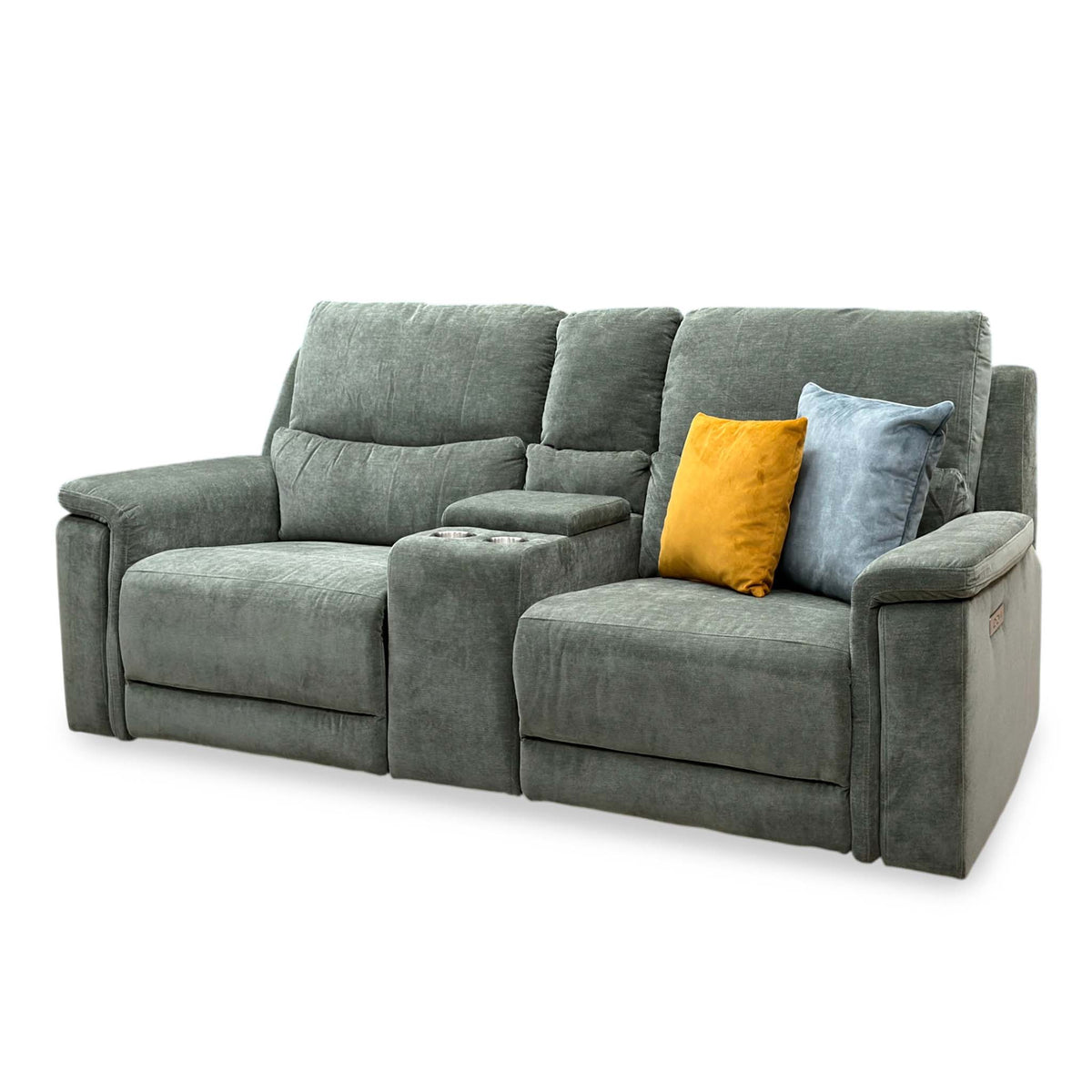 'Berlin' Forest Green Linen Fabric 2 Seater Power Recliner Sofa with Storage Console