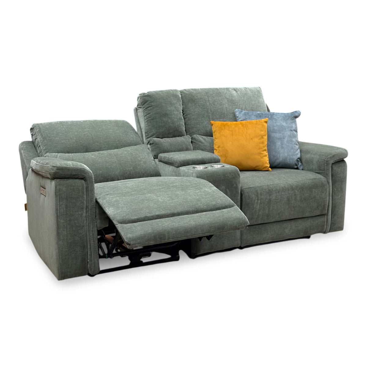 'Berlin' Forest Green Linen Fabric 2 Seater Power Recliner Sofa with Storage Console