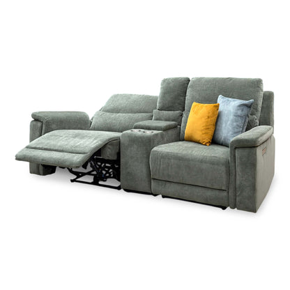 'Berlin' Forest Green Linen Fabric 2 Seater Power Recliner Sofa with Storage Console