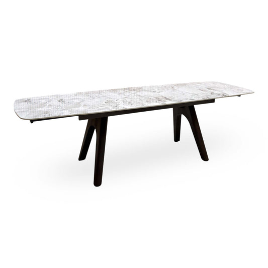 Valley grey marble effect ceramic top draw leaf extending dining table, extended, angled view