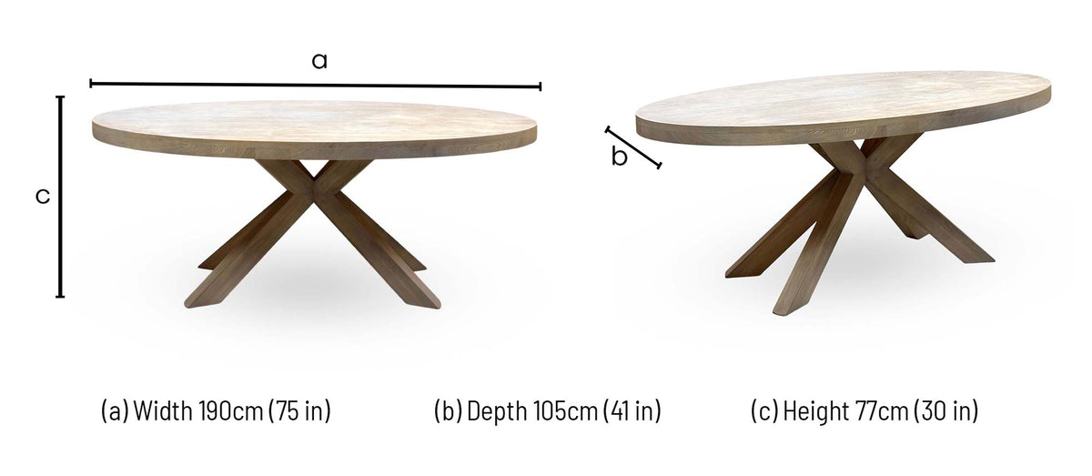 Falun small oval dining table dimensions: width 190cm, depth 105cm, height 77cm