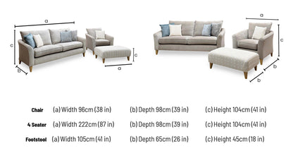 'Soho' Mont Blanc Natural Fabric 4 Seater Sofa + Chair + Patterned Fabric Designer Footstool