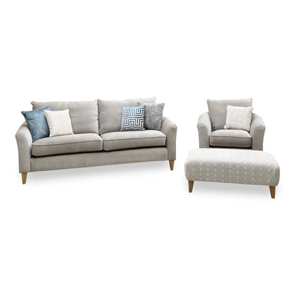 'Soho' Mont Blanc Natural Fabric 4 Seater Sofa + Chair + Patterned Fabric Designer Footstool