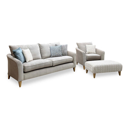 'Soho' Mont Blanc Natural Fabric 4 Seater Sofa + Chair + Patterned Fabric Designer Footstool