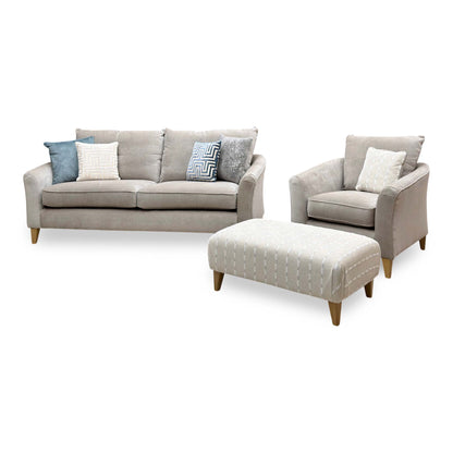 'Soho' Mont Blanc Natural Fabric 4 Seater Sofa + Chair + Patterned Fabric Designer Footstool