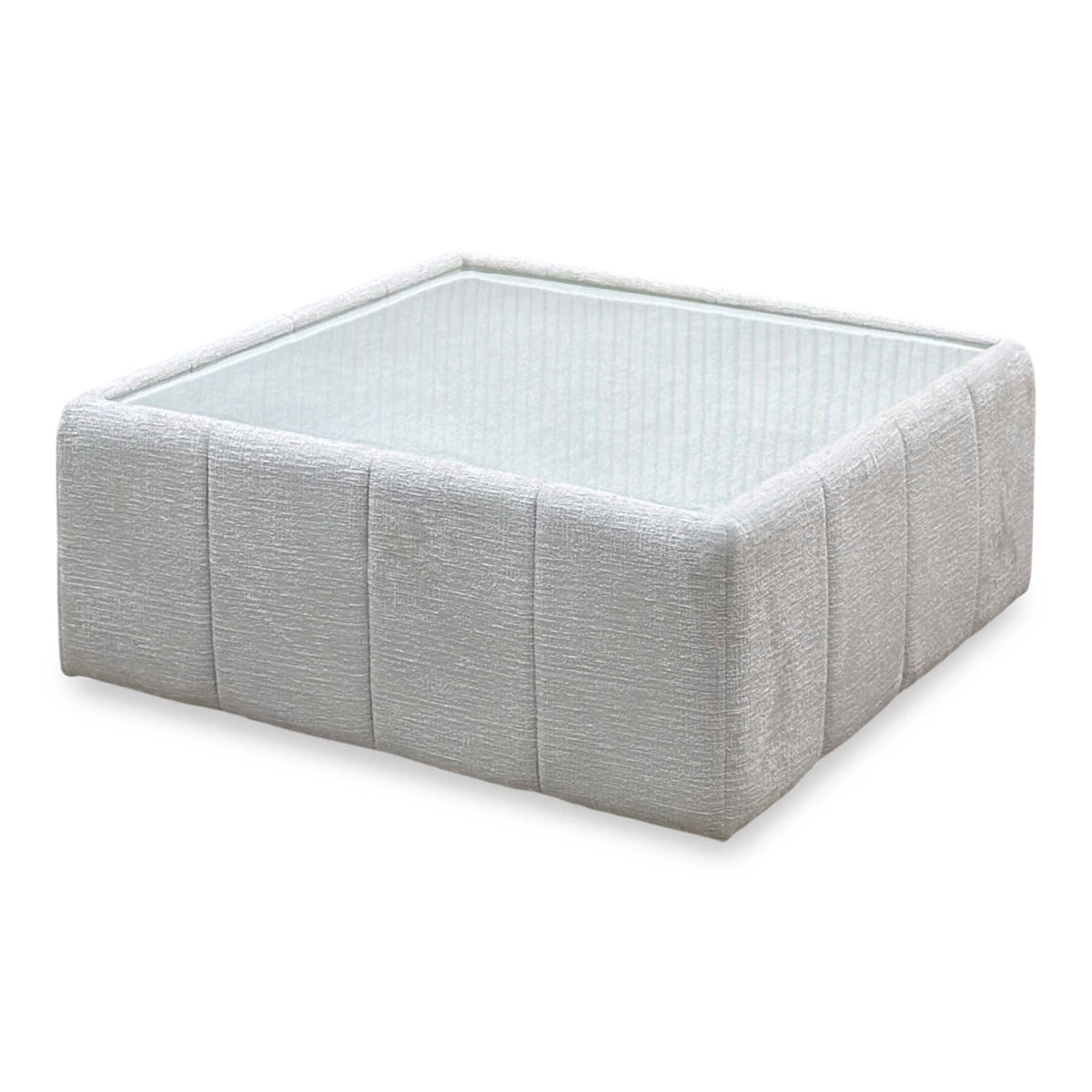 'Boujee' Lustro Dove Grey - Zora Natural Fabric Square Glass Top Table