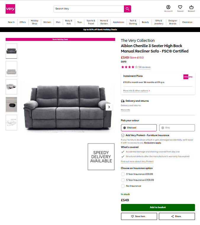 Very 'Albion' Charcoal Chenille 3 + 2 Seater High Back Manual