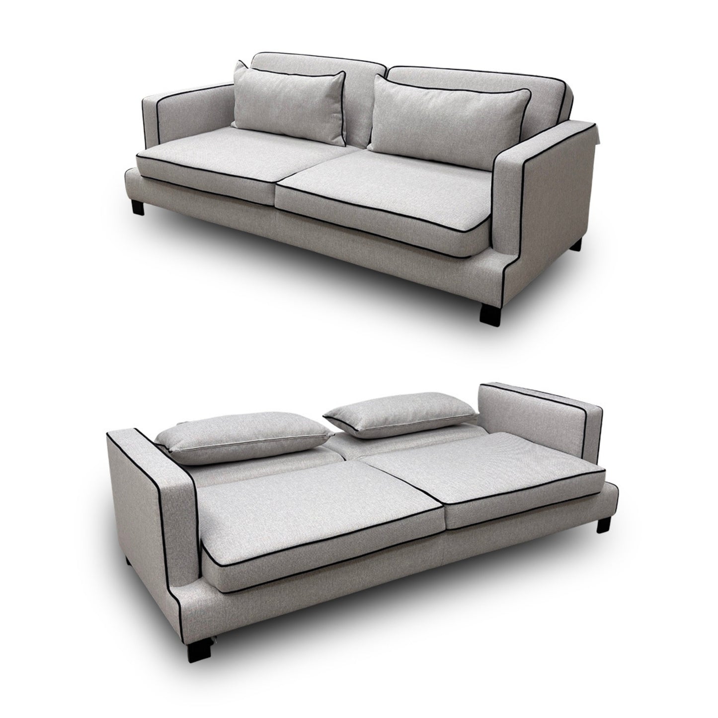 Full view of the 'Demure' 4 Seater Sofa Bed, upholstered in silver textured fabric with plush velvet trim and straight arms, in sofa mode