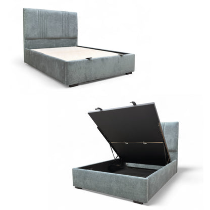 Full view of the King-size 'Oasis' Ottoman Bed Frame in luxurious petrol blue velvet, featuring a tall, floor-standing headboard with vertical stitching details.