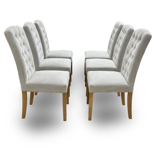 ‘Moore’ Button Back Light Natural Fabric High Back Dining Chairs - Set of 6