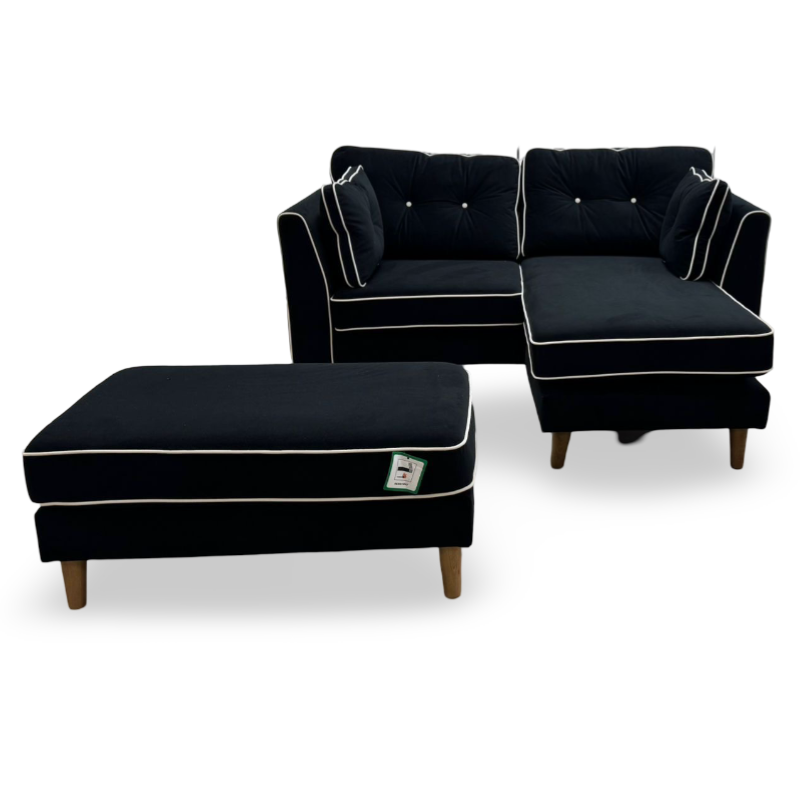 Rugby Black Velvet Fabric 3 Seater Reversible Lounger with Footstool