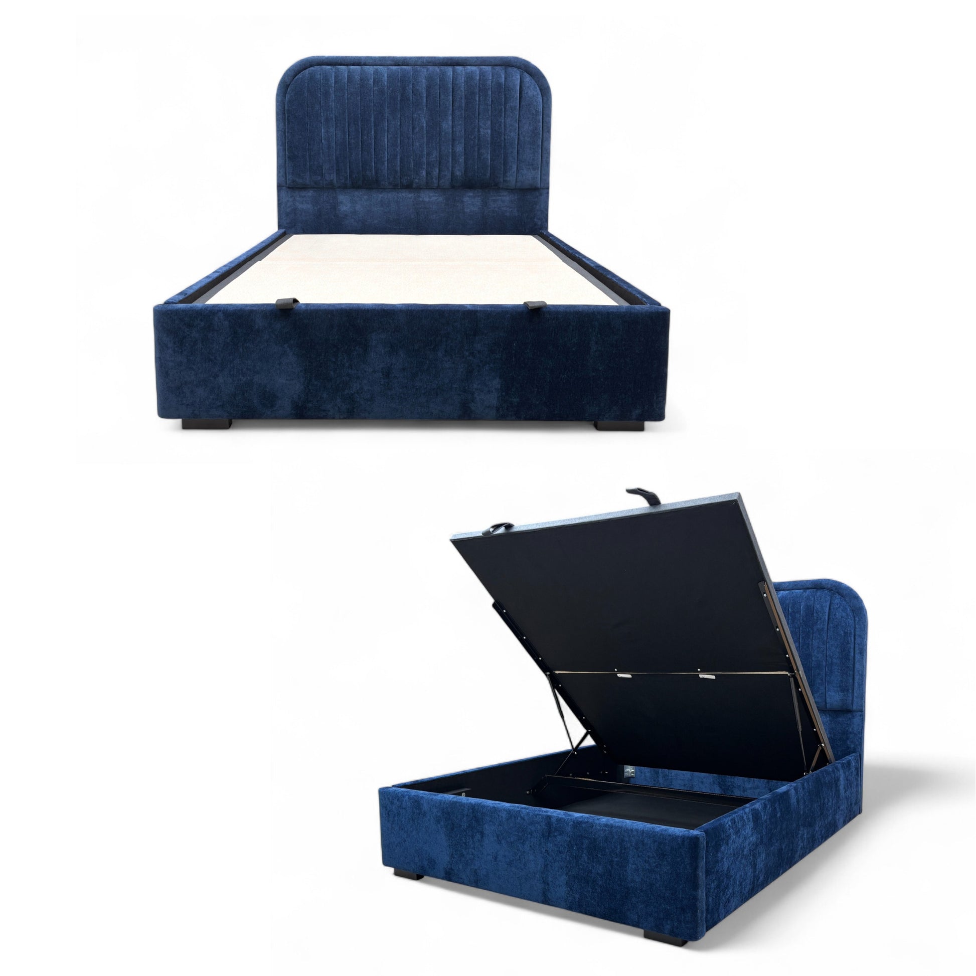 Full view of the King-size 'Portland' End Lift Ottoman Bed Frame, upholstered in rich sapphire blue fabric, featuring a tall, modern floor-standing headboard.