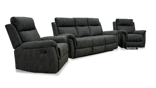 'Oscar' Charcoal Soft Leather Manual Recliner 3 Seater Sofa + Chair + Chair Suite