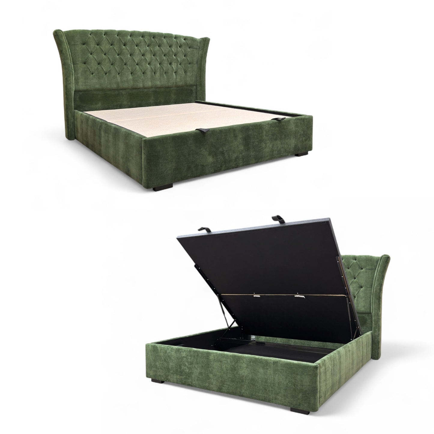 Full view of the Super King-size 'Dorian' Ottoman Bed Frame in moss green fabric, featuring a very tall, floor-standing upholstered headboard.