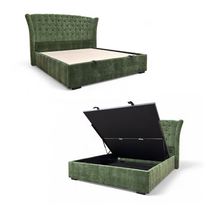 Full view of the Super King-size 'Dorian' Ottoman Bed Frame in moss green fabric, featuring a very tall, floor-standing upholstered headboard.