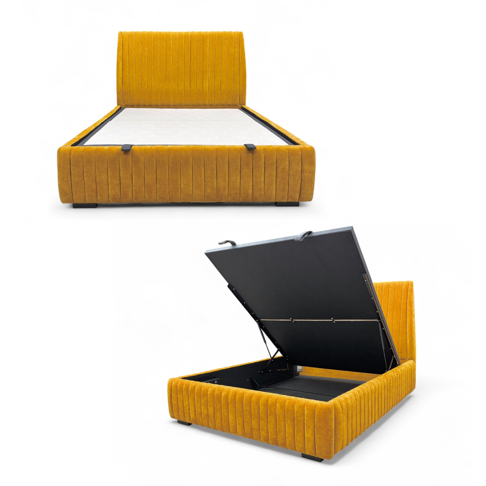 Full view of the King-size 'Aydon' Ottoman Bed Frame with a saffron linen fabric, featuring a tall, floor-standing upholstered headboard.