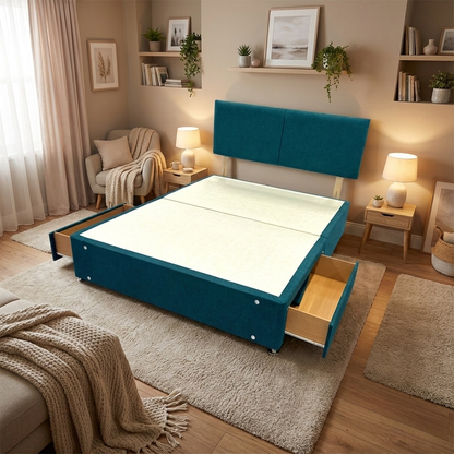 ‘Bella’ Teal Velvet Divan Base + Headboard with 2 Drawers - King