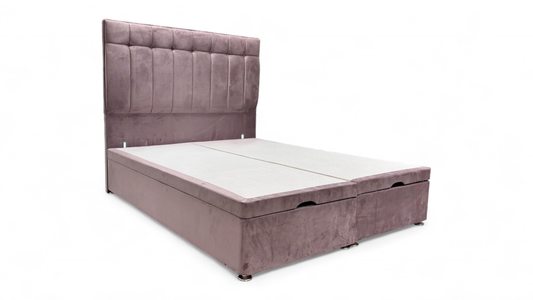 Sleep Story End-lift Ottoman Divan Base + Sleepeezee ‘Beam’ Floor Standing Headboard in Plush Light Pink Velvet - King