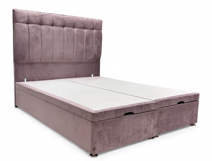 Sleep Story End-lift Ottoman Divan Base + Sleepeezee ‘Beam’ Floor Standing Headboard in Plush Light Pink Velvet - King
