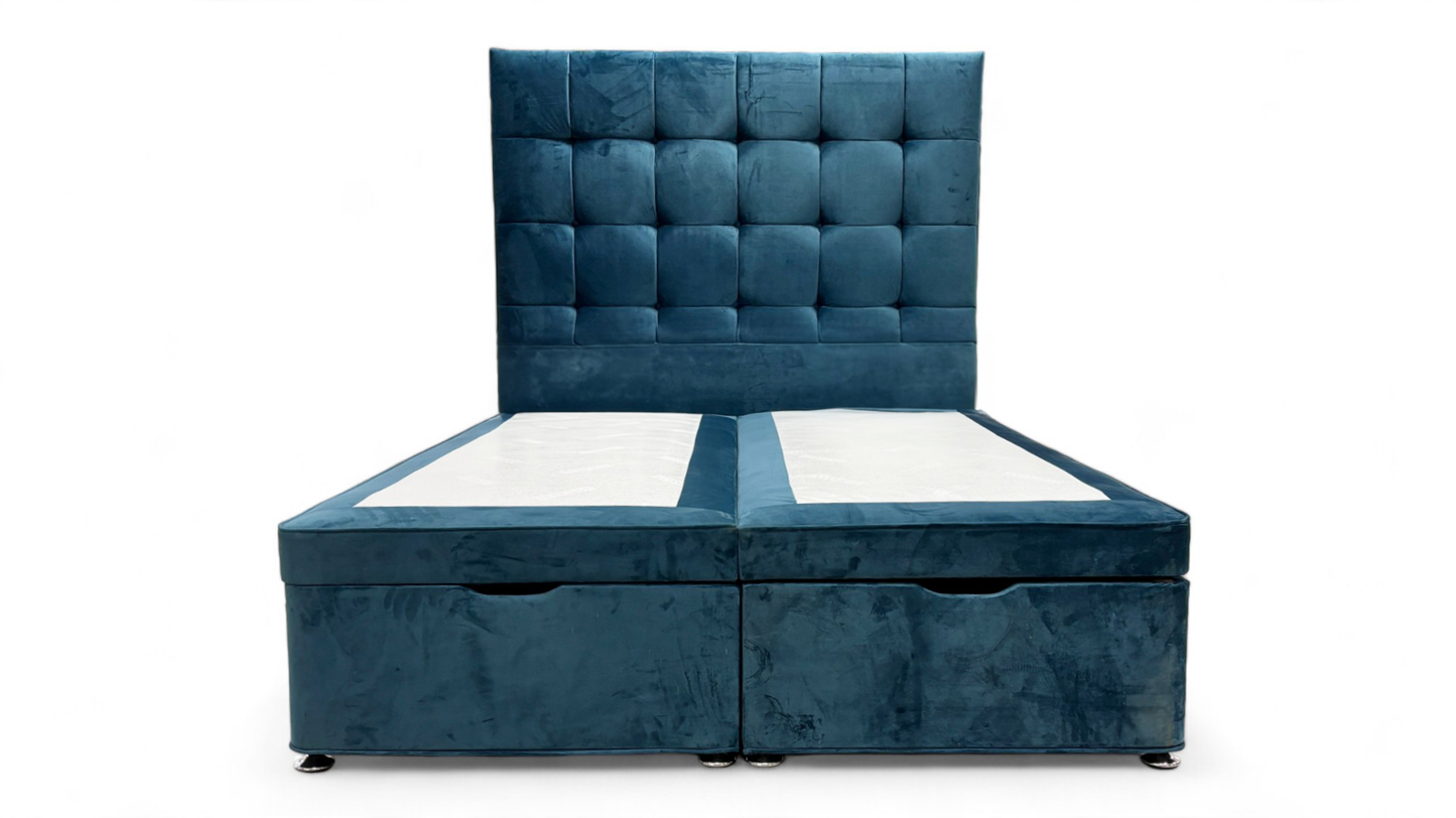 Sleep Story Memory Hybrid End Ottoman Divan Set + ‘Dice’ Floor Standing Headboard in Plush Atlantic Velvet - King