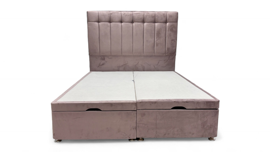 Sleep Story End-lift Ottoman Divan Base + Sleepeezee ‘Beam’ Floor Standing Headboard in Plush Light Pink Velvet - King