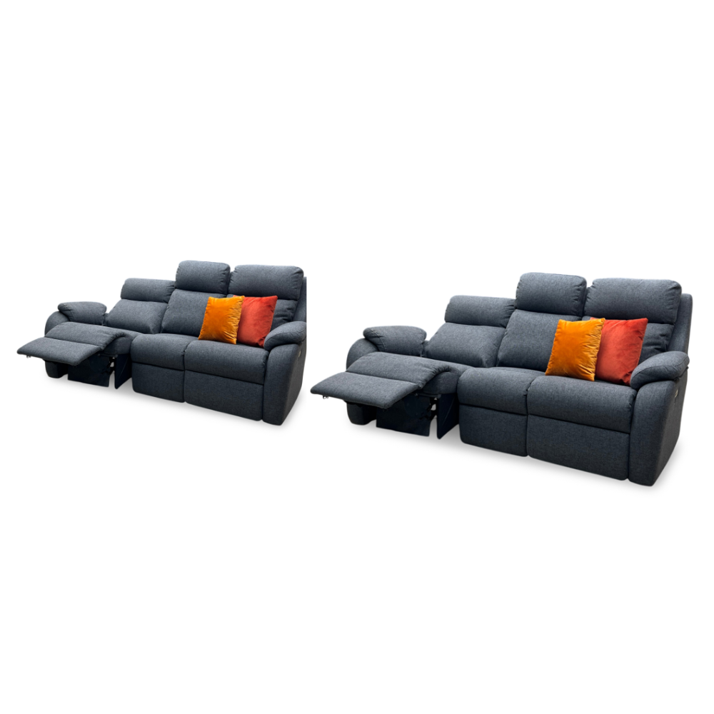 G Plan ‘Kingsbury’ A943 Roche Slate Grey Fabric 3 + 3 Seater Power Recliner Sofa Set with Power Headrests and Power Lumbar