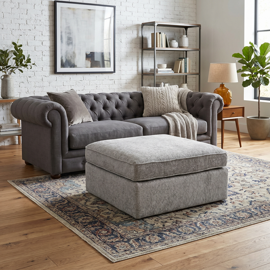 'Emilia' Stone Woven Fabric Square Footstool