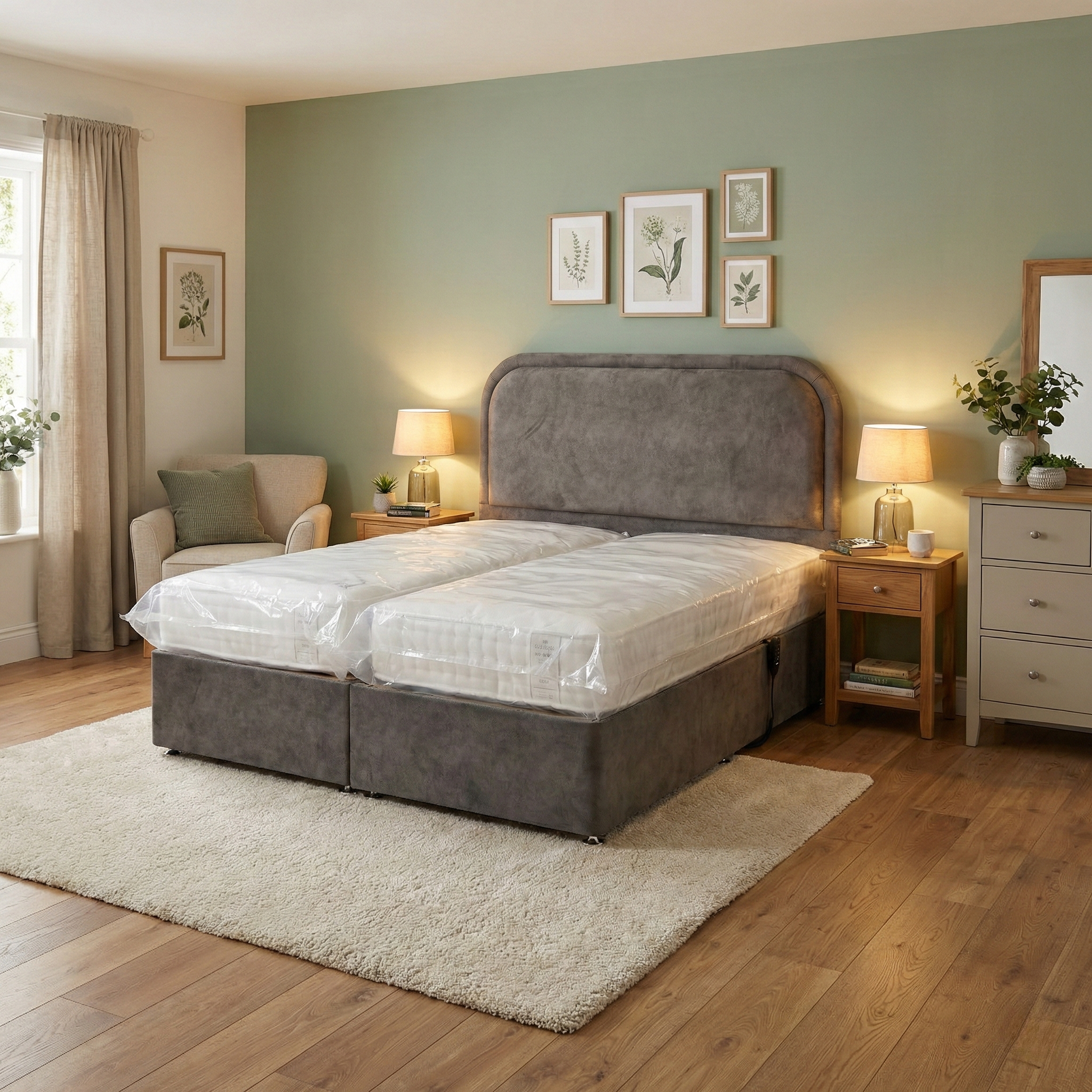Bedroom view of the super king electric bed, highlighting the premium velvet upholstery and buttoned headboard detail.