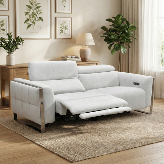 ‘Gisella’ Manhattan Stone 58004 Linen Fabric 3 Seater Power Recliner Sofa with Power Headrests