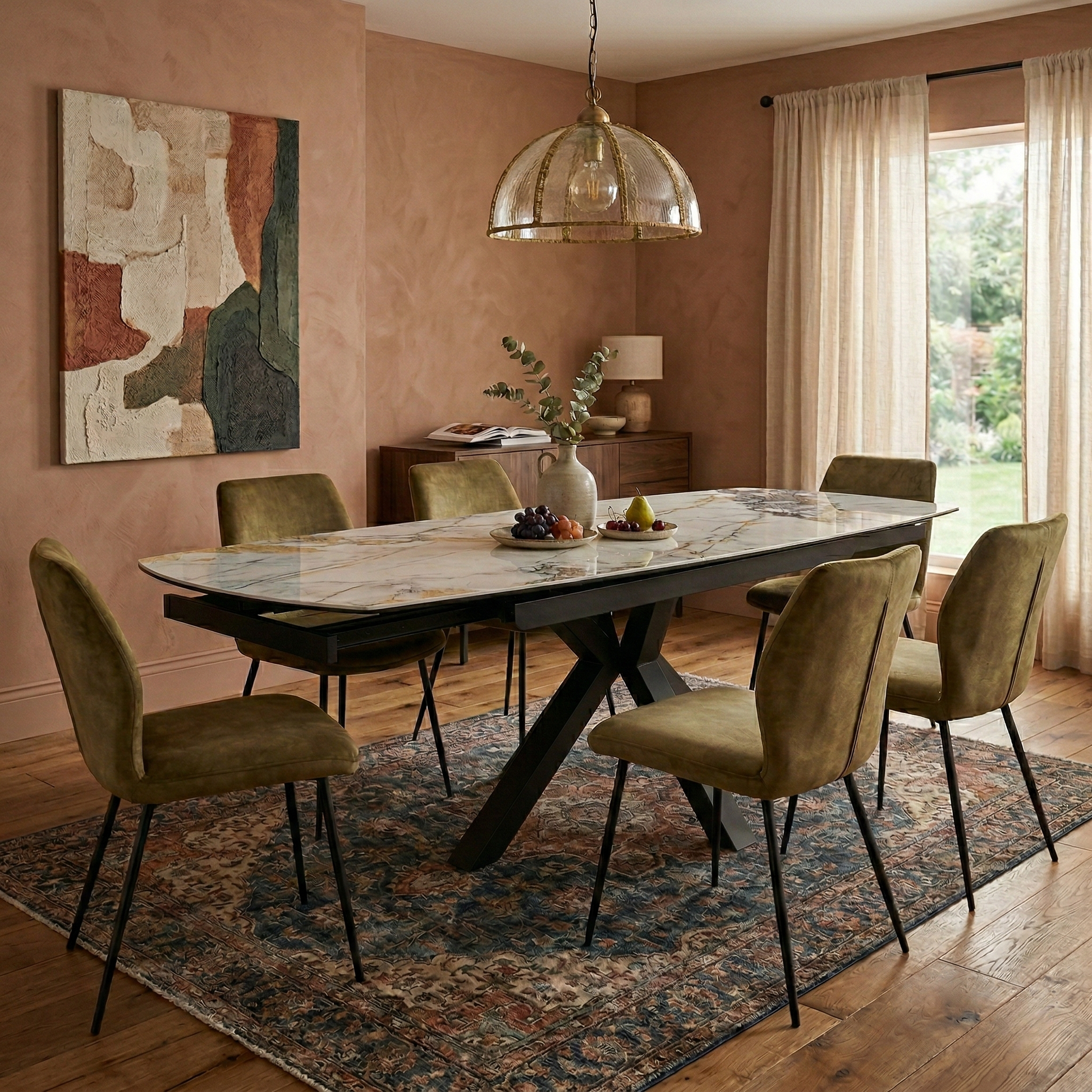 Living room view of the Doro table, showcasing the elegant grey veining of the marble-effect ceramic and the bold, contemporary black metal leg design.