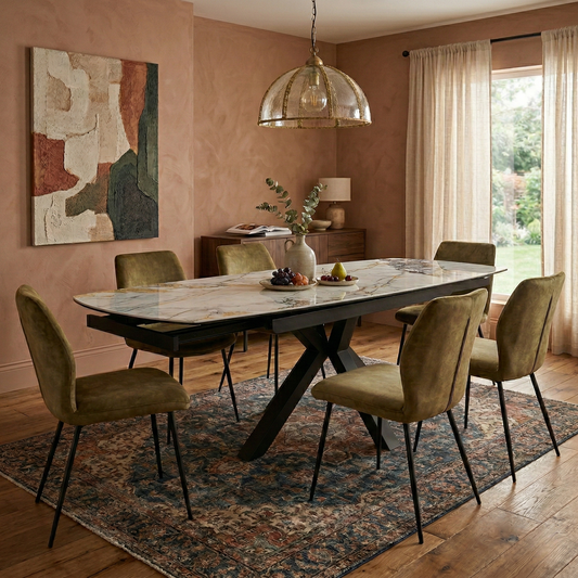 Living room view of the Doro table, showcasing the elegant grey veining of the marble-effect ceramic and the bold, contemporary black metal leg design.
