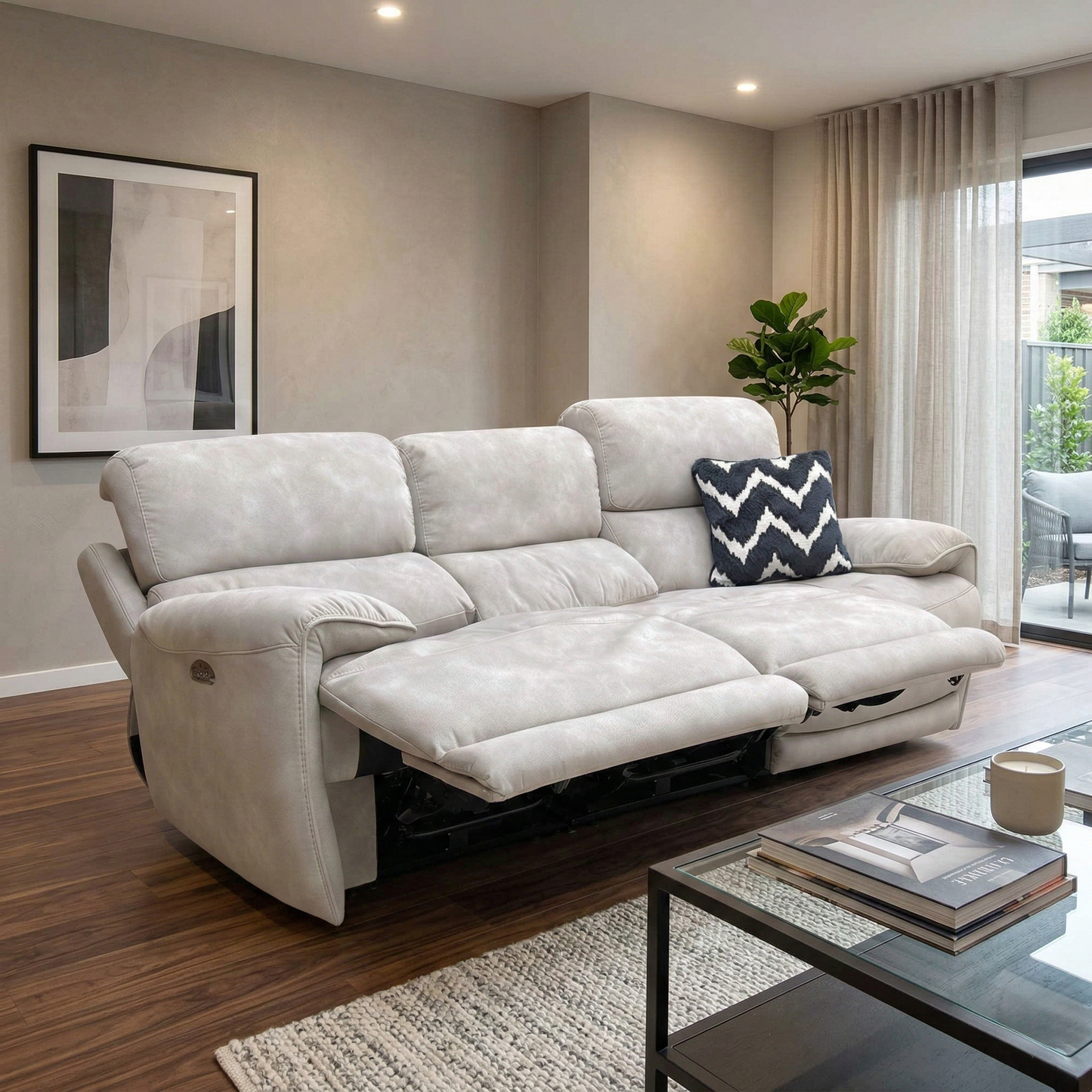 Living room view of the Link power recliner in Silver, showcasing the deep-filled cushions and the sophisticated contemporary silhouette of the BFA BLJ-R946 model.
