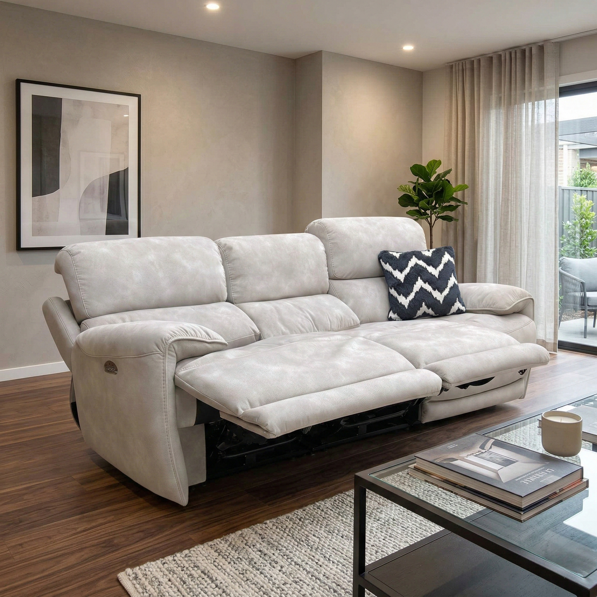 Living room view of the Link power recliner in Silver, showcasing the deep-filled cushions and the sophisticated contemporary silhouette of the BFA BLJ-R946 model.