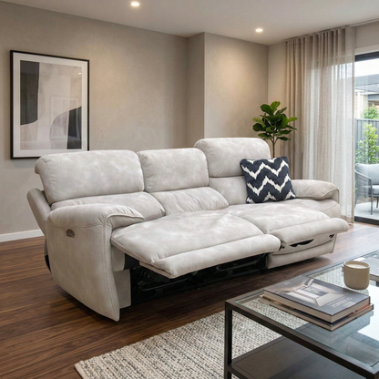 Living room view of the Link power recliner in Silver, showcasing the deep-filled cushions and the sophisticated contemporary silhouette of the BFA BLJ-R946 model.