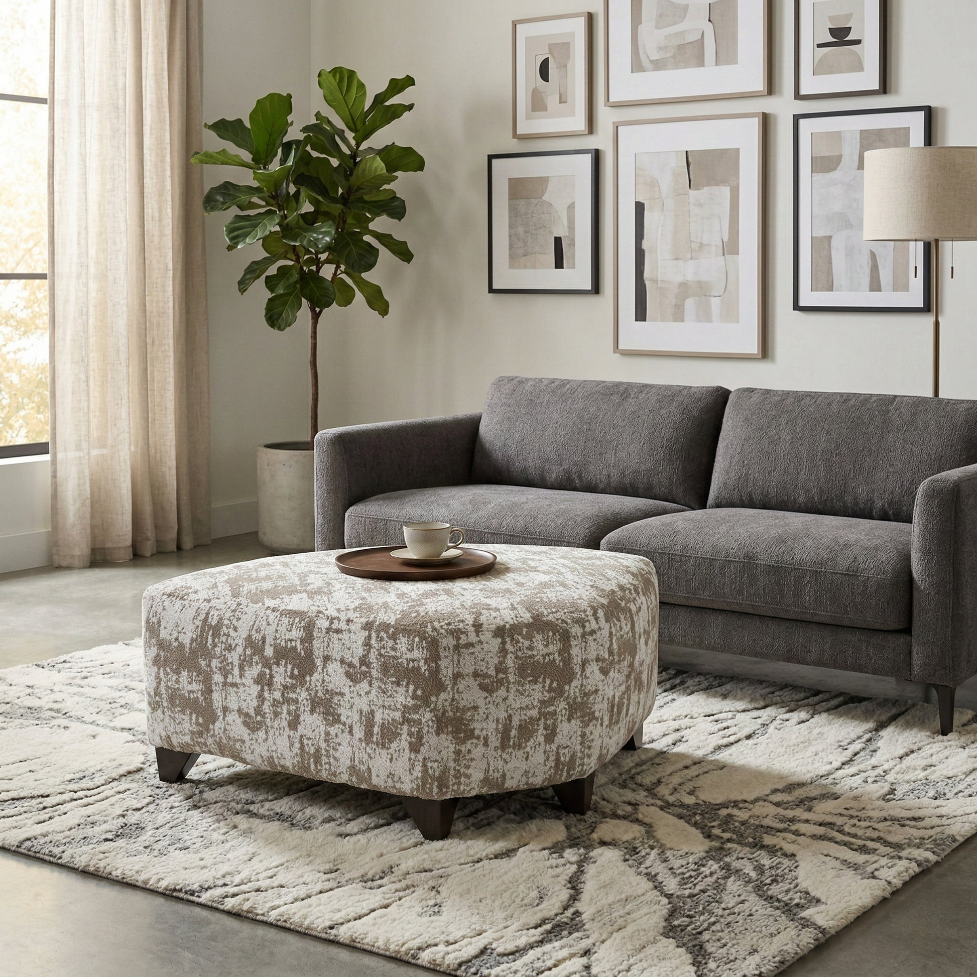 Living room view of the Aura footstool in Mocha, showcasing the textured woven fabric and how the wedge shape fits perfectly into corner seating arrangements.