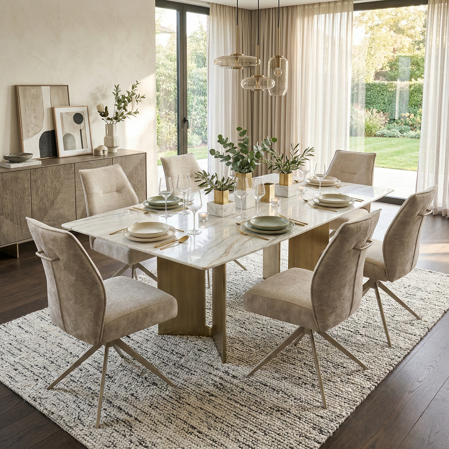 Living room of the Mirage dining chair set of 6, highlighting the 360-degree swivel functionality, ergonomic armrests, and versatile neutral upholstery.
