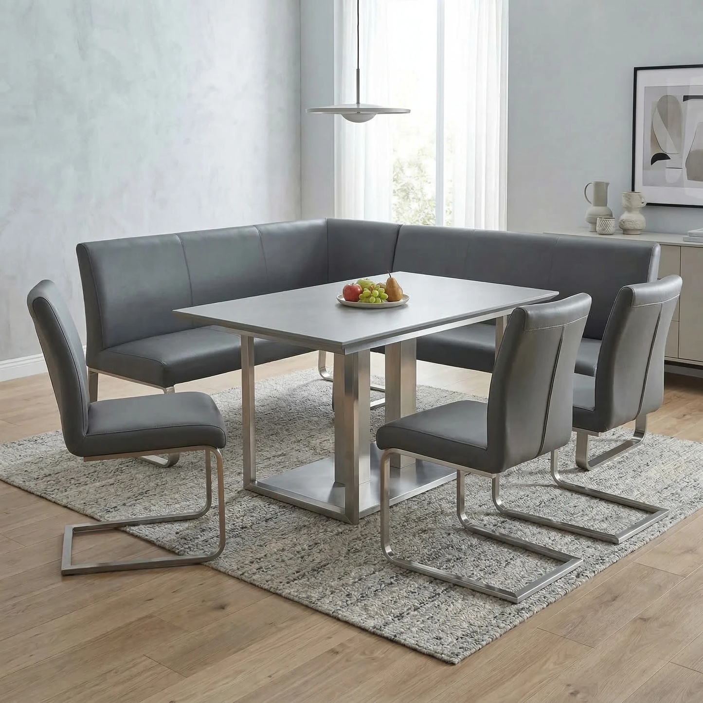Lifestyle view of the 300cm grey corner bench showing the angular space-saving design and clean lines.