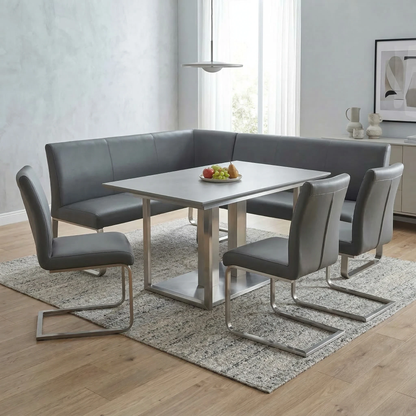 Lifestyle view of the 300cm grey corner bench showing the angular space-saving design and clean lines.