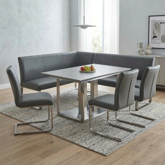 Lifestyle view of the 300cm grey corner bench showing the angular space-saving design and clean lines.