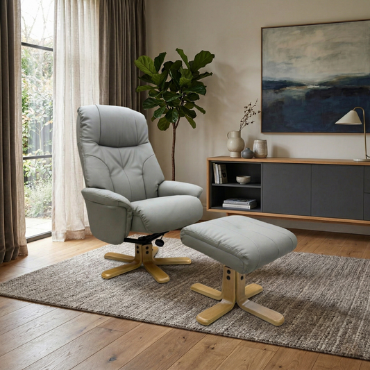 Living room view image showcasing the Muscat recliner in a cozy reading nook with contemporary decor.