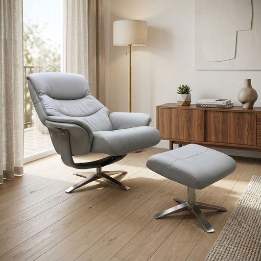 'Lindos' Platinum Grey Leather Swivel Chair and Footstool