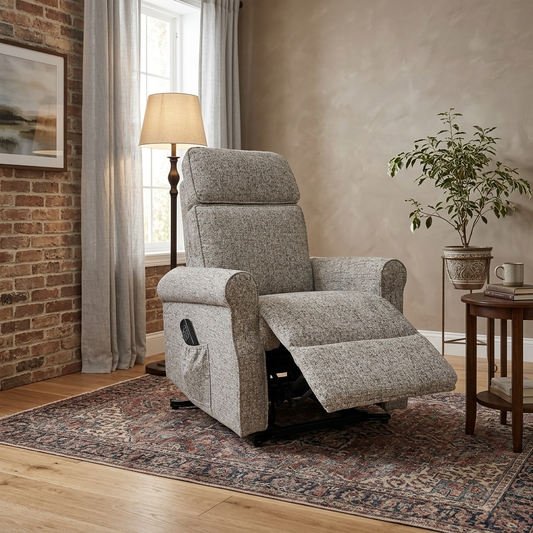 Living room view of the moss grey recliner in a contemporary living room.