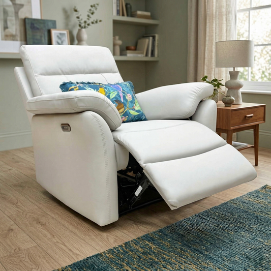 Living room view image of the Sally grey leather recliner chair in a bright, modern living room setting.